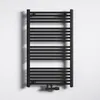 A black radiator is mounted on a white wall. Produktbild-Vorschau