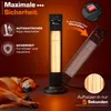 A marketing image showcasing a TRESKO infrared heater with various safety features and rapid heating capabilities, alongside a sleeping dog for a lifestyle element. Podgląd zdjęcia produktu