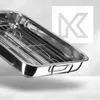 A stainless steel roasting pan with a rack inside, set against a light gray and white textured background. Voir les images du produit