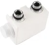 A white plumbing fitting with two silver threaded connectors and a white cap on the side, isolated on a white background. Produktbild-Vorschau