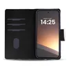 A black flip-style phone case with card slots is shown open, revealing a smartphone with a lock screen displaying the time and date. Produktbild-Vorschau