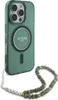 A green phone case with a beaded strap is shown against a white background. Produktbild-Vorschau
