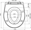 A top-down technical drawing of a toilet seat with dimensions indicated. Produktbild-Vorschau