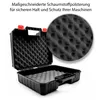 An open black tool case with foam padding, with a close-up inset of the foam texture. Produktbild-Vorschau