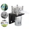 A peristaltic pump with a transparent head, mounted on a black bracket attached to a small DC motor. Three circular inset images show laboratory or industrial settings. Anteprima dell’immagine prodotto