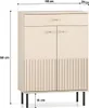 A cream-colored cabinet with a drawer and two doors, shown with dimensions indicated by lines and text. Podgląd zdjęcia produktu