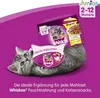 A kitten playing with a Whiskas cat food package, with promotional text and product images. Produktbild-Vorschau