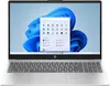 A silver HP laptop with the Windows 11 start menu open on the screen. Produktbild-Vorschau