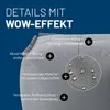 A close-up view of a gray fabric product, likely a beanbag or cushion, with text overlays highlighting its features. Produktbild-Vorschau