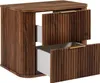 A dark brown wooden nightstand with two drawers, one of which is partially open, revealing a white interior. The drawers have gold handles and a ribbed texture on the front. Náhled obrázku produktu