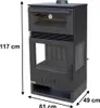 A black wood-burning stove with a glass door and an oven compartment above, shown with dimensions indicated by arrows and text. Produktbild-Vorschau