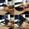 A collage of four images showing a person interacting with a black leather wallet. Produktbild-Vorschau