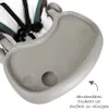 Close-up of a gray tray on a high chair with a patterned fabric seat and black straps. Produktbild-Vorschau