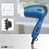 A blue Clatronic travel hair dryer with two attachments, shown on a reflective surface with a blurred background. Anteprima dell’immagine prodotto