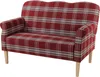 A red plaid loveseat sofa with light wood legs, shown from the front-left. Produktbild-Vorschau