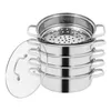 A stack of stainless steel steaming pots with a glass lid. Voir les images du produit