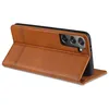 A brown leather phone case for a Samsung S21 5G is shown from the side, with the phone inserted. Produktbild-Vorschau
