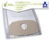A vacuum cleaner dust bag and its cardboard connector on a white background, with promotional text and a "no film" icon. Produktbild-Vorschau