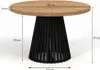 A round wooden table with a black slatted base, displaying dimensions. Podgląd zdjęcia produktu