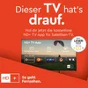 A television screen displaying an app interface, with promotional text overlayed on an orange background. Produktbild-Vorschau