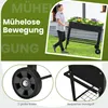 A man is pushing a raised garden bed with flowers on wheels across a lawn. Close-up shots of the wheel and handle are shown below. Voir les images du produit