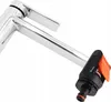 A close-up shot of a chrome faucet with a black and orange hose connector attached to the spout. Voir les images du produit