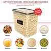 A clear plastic food storage container filled with soybeans, surrounded by circular images of various food items and their German labels. Produktbild-Vorschau