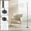 A collage of images showcasing a modern floor lamp and its features, with a lifestyle shot of the lamp in a living room setting. Náhľad obrázku produktu
