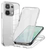 A clear, transparent phone case is shown in two pieces, with a smartphone partially inserted into the bottom half. Produktbild-Vorschau