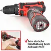 A cordless drill is shown with an inset image demonstrating how to change the battery, accompanied by text highlighting ease of use. Produktbild-Vorschau