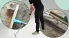 A person is using a cleaning brush to remove pet hair from a carpet. The image is a collage with close-up views of the brush and the collected hair. Náhled obrázku produktu
