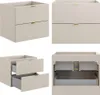 A collage of four images showing a beige bathroom vanity cabinet with two drawers. Produktbild-Vorschau