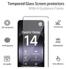 A marketing image showcasing a tempered glass screen protector for a Xiaomi Redmi Note 14, with feature callouts. Produktbild-Vorschau