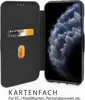 A black flip phone case is open, showing the inside with card slots and a phone with a dark, abstract wallpaper. Text below describes the card slot. Produktbild-Vorschau