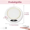 A product image showing a cup warmer with dimensions and a temperature display. Produktbild-Vorschau