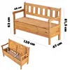 Two views of a wooden garden bench with storage, showing dimensions. Náhled obrázku produktu