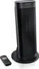 A black electric heater and its remote control are displayed against a white background. Produktbild-Vorschau