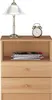 A wooden nightstand with two drawers and an open shelf, featuring a lamp and an alarm clock on top. Produktbild-Vorschau