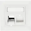 A white wall plate with two network ports and a label area. Produktbild-Vorschau