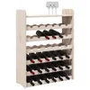 A wooden wine rack filled with wine bottles, with three wine glasses on top. Produktbild-Vorschau