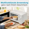 A person is placing a bowl of food into a white microwave oven on a kitchen counter. Produktbild-Vorschau