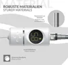 A close-up marketing image of a white heating element with a digital display and control buttons, set against a light gray and white background with text overlays describing its features. Produktbild-Vorschau