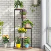 A multi-tiered plant stand filled with various potted plants is placed against a white brick wall next to a window with sheer curtains. Podgląd zdjęcia produktu