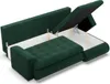 A dark green sofa with its storage compartment open, revealing the interior. Produktbild-Vorschau
