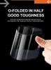 A hand is holding a black, curved piece of glass, likely a screen protector, against a black background. Text overlays describe its features. Produktbild-Vorschau