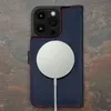 A close-up view of an iPhone 15 Pro leather wallet case in navy blue, with a white MagSafe charger attached. Produktbild-Vorschau