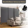 A room divider is shown in a living room setting, with a sofa in the foreground. An inset image shows a close-up of a wheel with instructions. Náhľad obrázku produktu