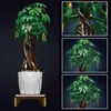 A collage of images showing a Lego-like money tree model in a pot, with close-up views of the trunk and foliage. Produktbild-Vorschau
