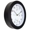 A close-up, side view of a black and white wall clock with integrated thermometer and hygrometer. Náhled obrázku produktu