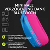 Close-up of a blue and pink headset with text overlays describing features. Náhľad obrázku produktu